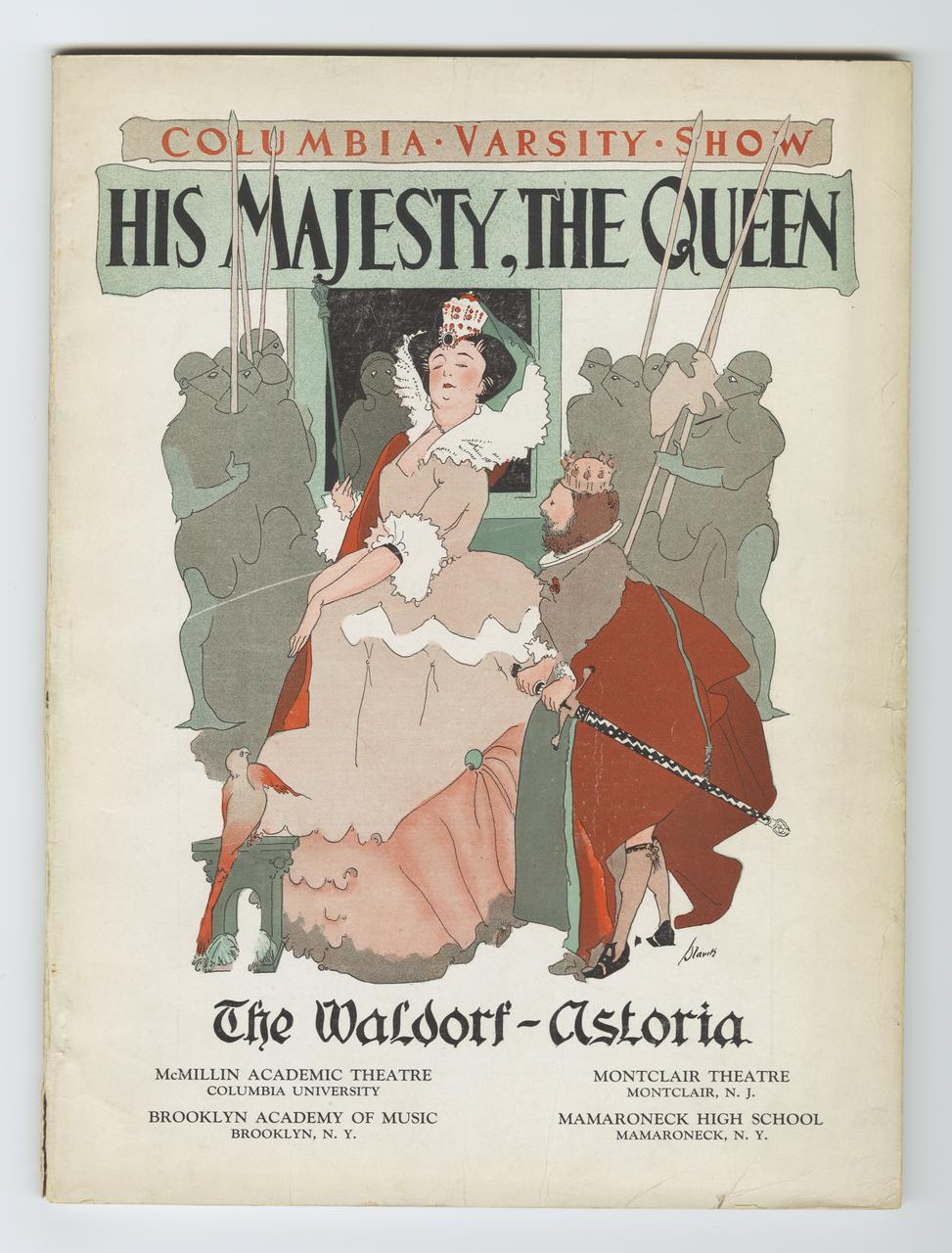 Cover of His Majesty, The Queen with a drawing of a proud Queen with a bowing king behind her.