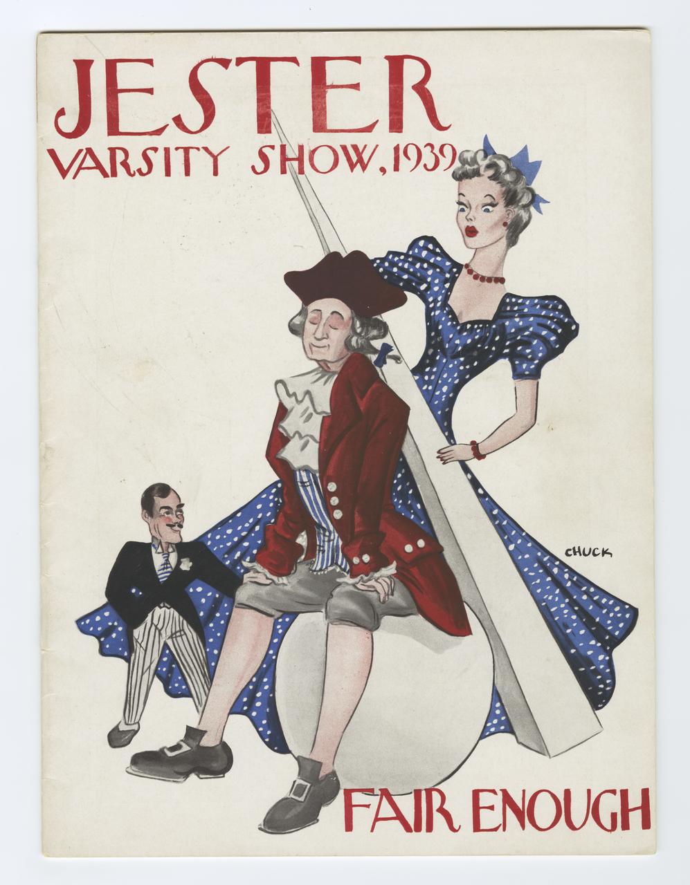 Cover of Fair Enough program with a young man in colonial-times dress sitting with his eyes closed. A woman in a modern blue dress stands behind him.