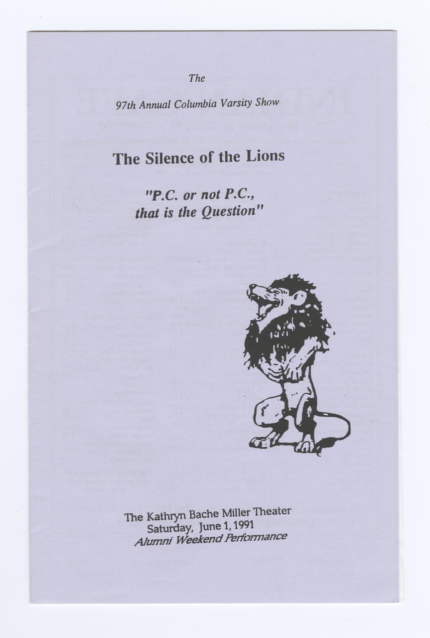 Cover of Silence of the Lion program with a drawing of a laughing lion.
