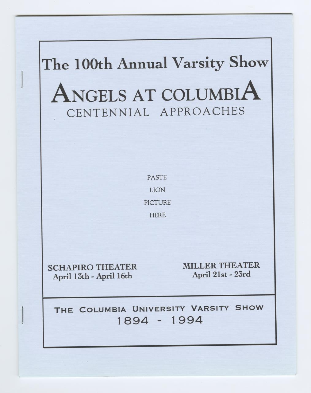 Cover of Angels at Columbia program with the text "Paste Lion Picture Here" instead of an image.
