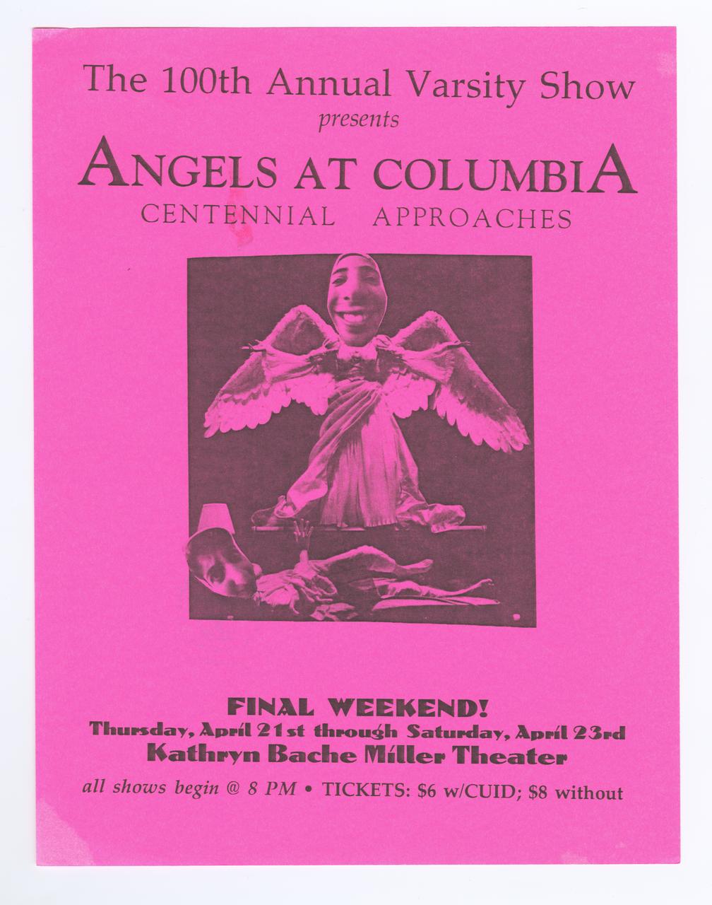 Bright hot pink poster of Angels at Columbia with a smiling angel flying over a confused student.
