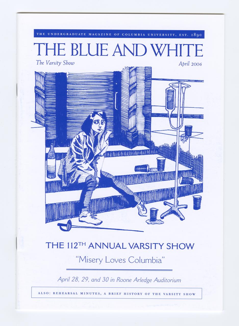 Cover of the program for "Misery Loves Columbia" which is made to look like an issue of the student literary journal "The Blue and White."