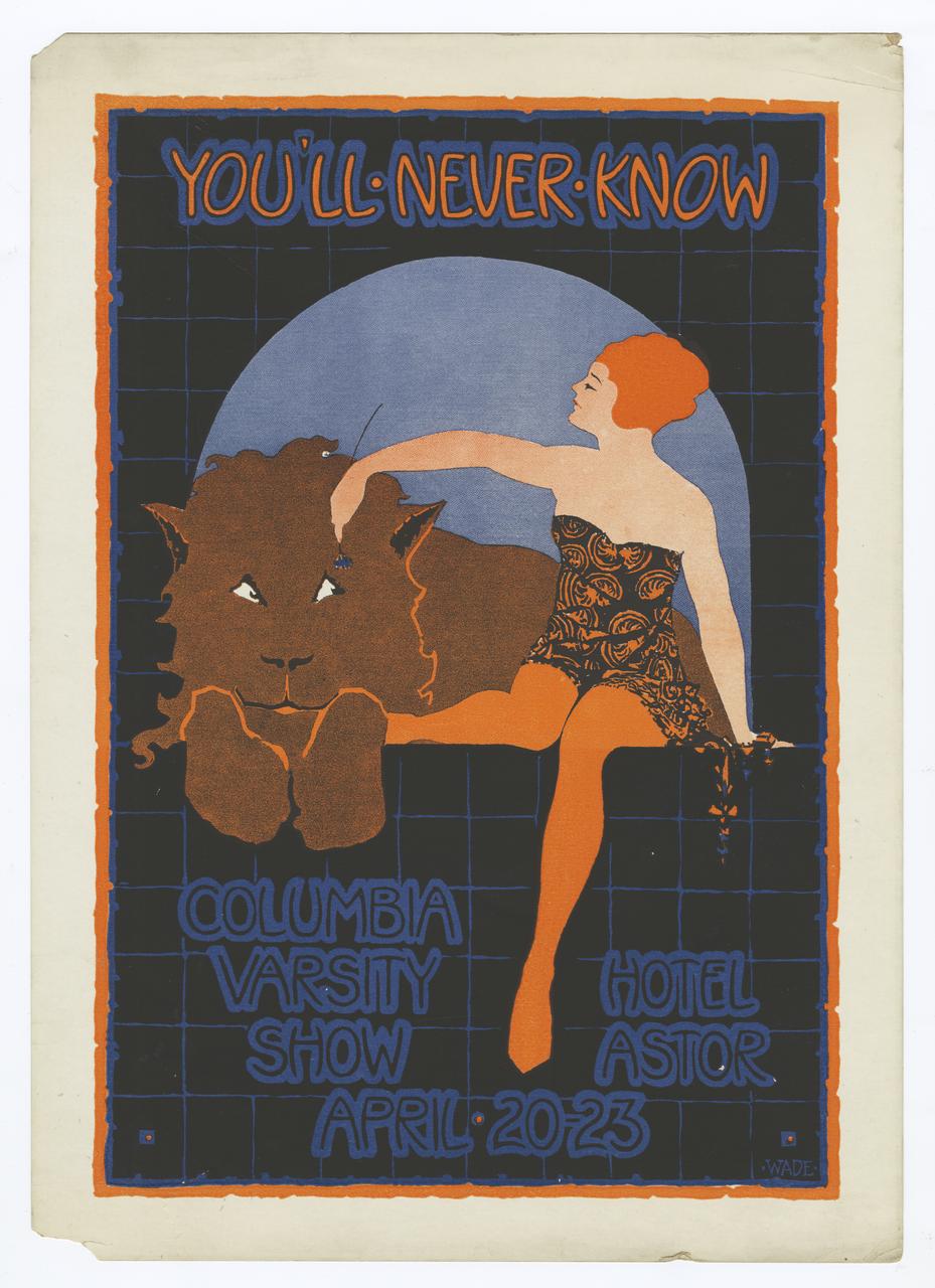 Original poster for 1921 Varsity Show "You'll Never Know" featuring an illustration of a woman and a lion.