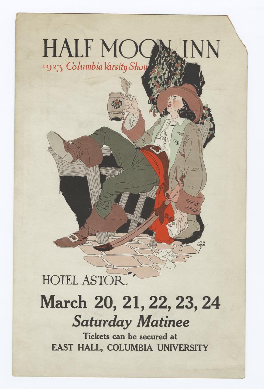 Poster for 1923 Varsity Show Half Moon Inn depicting a pirate leaning back in a chair drinking from a mug