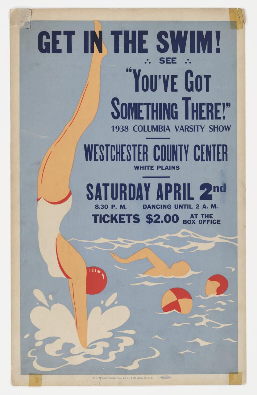 Poster for 1938 Varsity Show You’ve Got Something There depicting a woman diving into water and two others swimming.