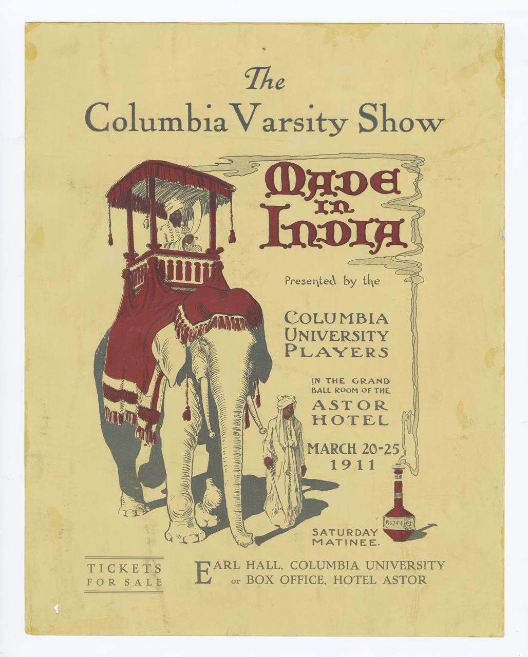 Original printed poster for 1911 Varsity Show "Made in India" featuring an an illustration of an elephant with a rider in a covered howdah