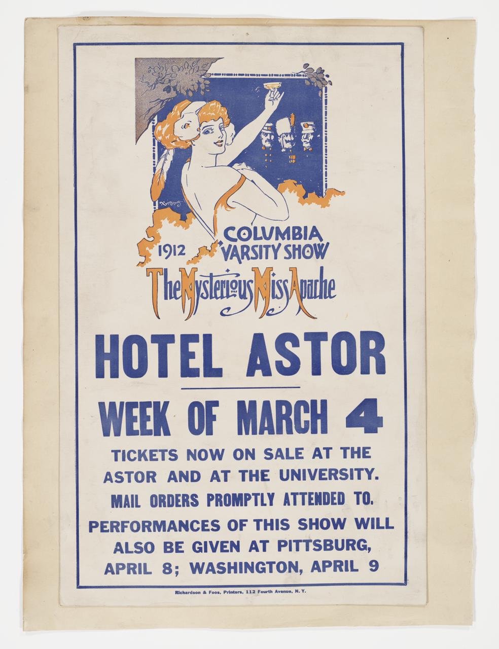 Original poster for 1912 Varsity Show "The Mysterious Miss Apache". Image of woman holding a champagn glass above the title.