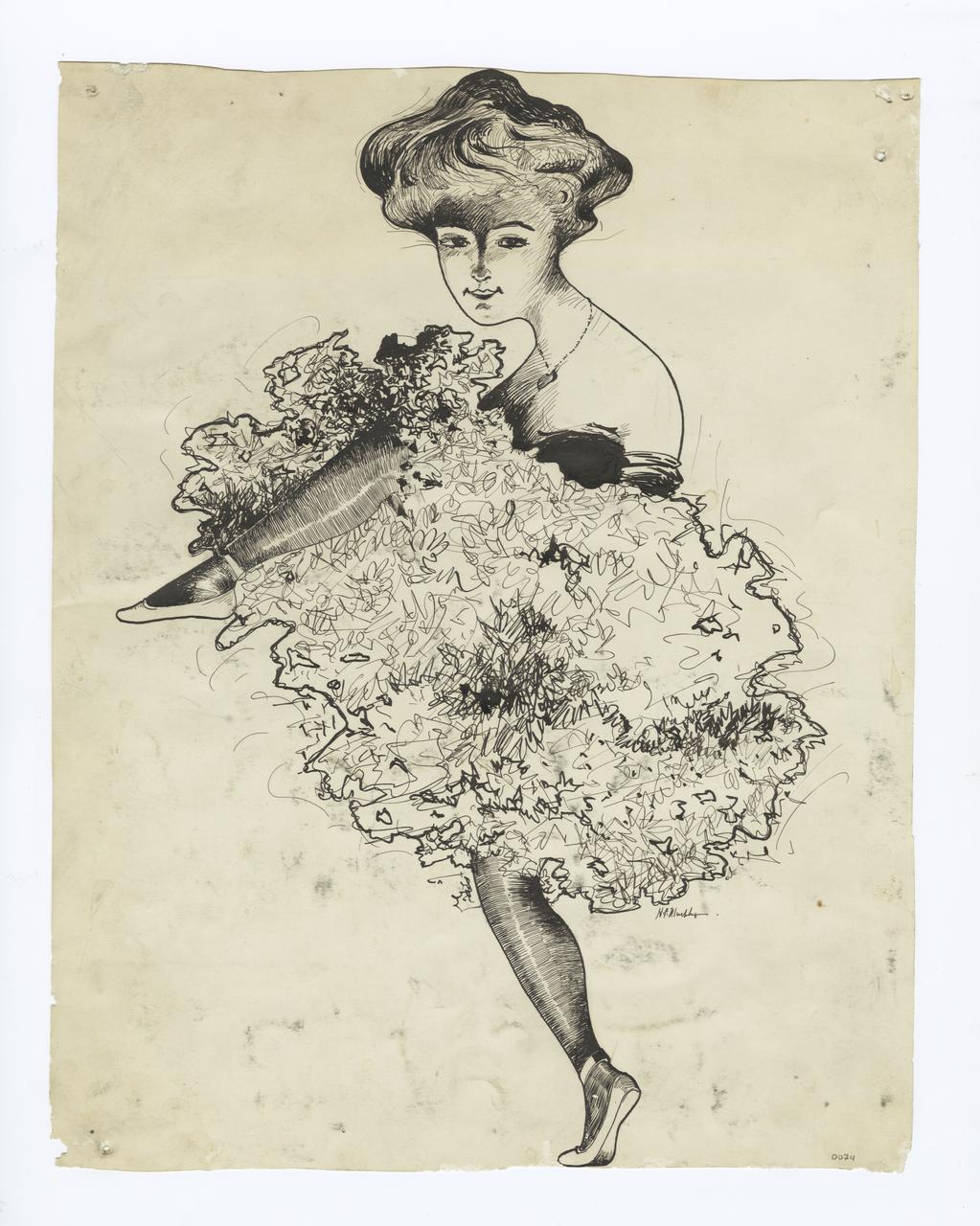 A pen and ink sketch of a can can dancer used on printed poster for In Newport varsity show.