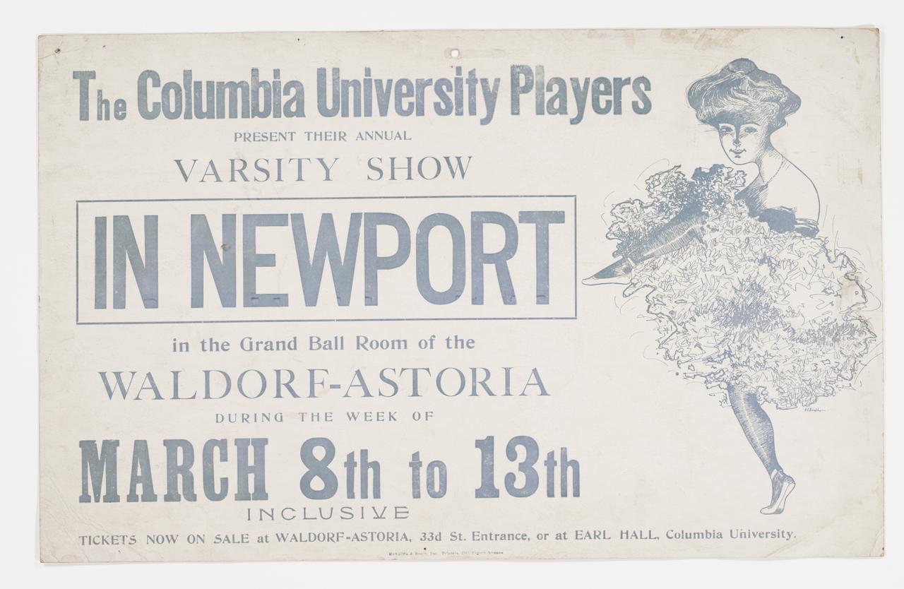 Printed poster advertising 1909 Varsity Show "In Newport" featuring the image of a can can girl.