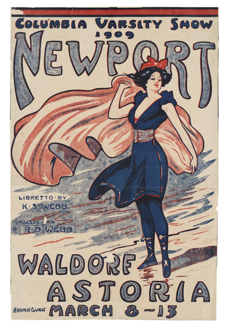 Poster for the 1909 Varsity Show, "Newport". An illustrated image of a woman in a blue swimming costume holding a red piece of fabric behind her.