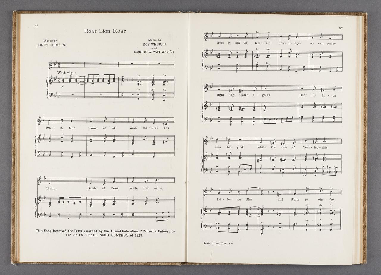 First two pages of music and Lyrics for "Roar Lion Roar" as printed in a songbook.